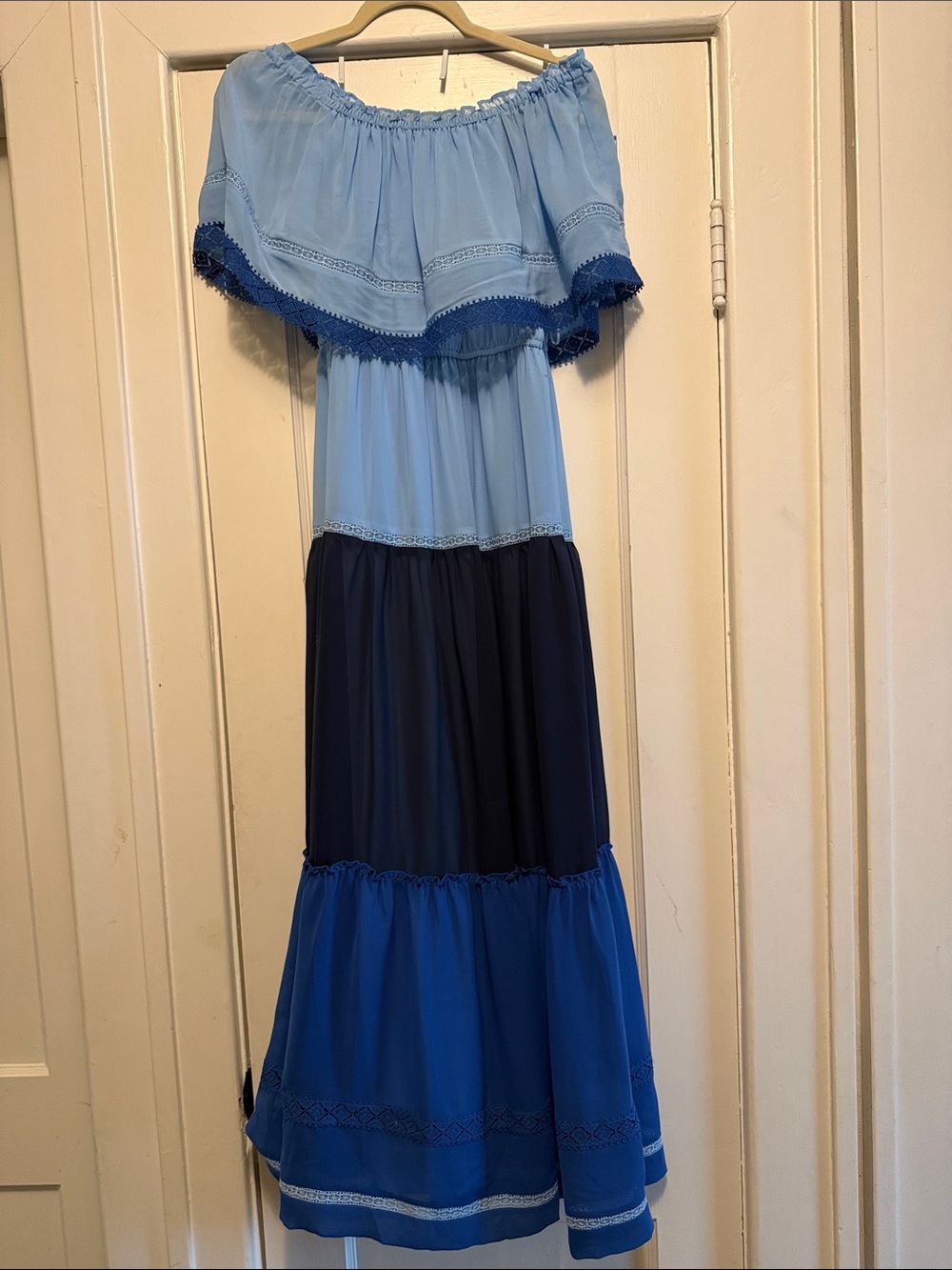 Taylor Light Blue Off-Shoulder Tiered Maxi Dress